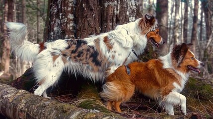 Sticker -   Two brown and white dogs stand together on a log in the forest surrounded by tall trees