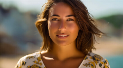 A woman with brown hair and a yellow shirt.