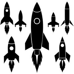 a high resolution vector bundle of rocket ship silhouettes, featuring a variety of rocket spaceship