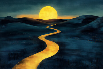 A painting of a yellow moon on a dark blue sky with a long, winding road