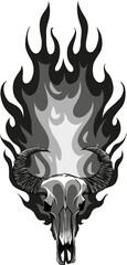 Sticker - Monochrome illustration of Bull Skull with flame son white background