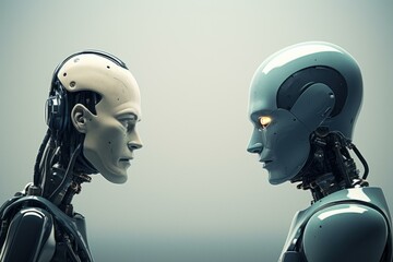 Poster - Captivating close-up of two humanoid robots gazing at each other, displaying intricate mechanics