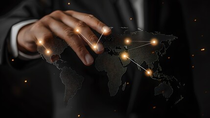 Aufkleber - Businessman interacting with a futuristic world map. Global connections concept image. Networking and technology in business. Dark elegant style. AI