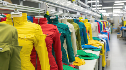 colorful outerwear on mannequins at a textile factory