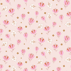 Wall Mural - Pink tulips millefleur meadow tender pastel background color flowers tiny seamless pattern. Floral fabric design