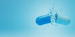 Close up of open blue capsule with remedy fly out isolated on blue background. Drug, tablet, capsule, pill medicine research concept. 3d render illustration