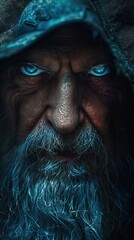 The close up of a fantasy wizard with blue eyes and a long white beard