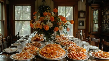 Sticker -  A dining room table adorned with plates of food and an orange-filled vase above it