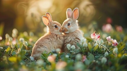 Wall Mural -   A pair of rabbits resting atop a verdant field with pink and white blossoms