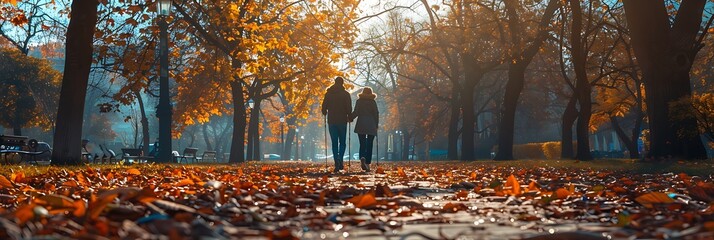 Wall Mural - A couple walking in the public park with walking trekking poles in autumn realistic nature and landscape