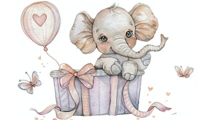 Canvas Print -   A watercolor painting of an infant elephant resting inside a present box with a red balloon and a heart-shaped balloon