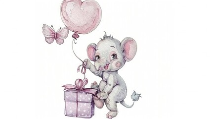 Wall Mural -  Watercolor painting of a baby elephant with a balloon & gift box featuring a heart-shaped balloon