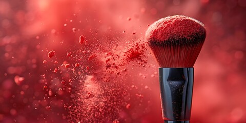 Makeup brush and red powder explosion on red background. Make-up concept