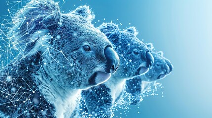 Wall Mural -   A blue background with lines and dots featuring a group of koalas standing together