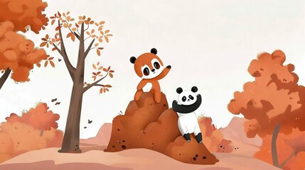 Poster -   A panda and its cub sit on a rock amidst lush trees and shrubs in a forest scene