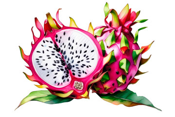 Hand drawn watercolor dragon fruit or pitaya. Exotic cactus fruits, summer healthy organic food, vegetarian diet, whole and half dragon fruit. Isolated object 