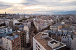 Paris cityscape with Eiffel Tower and famous buildings at sunset, wide angle photography