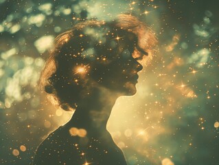 Wall Mural - A woman's silhouette is shown in a blurry, starry background. Concept of mystery and wonder, as if the woman is lost in the vastness of the universe