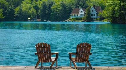 two adirondack chairs are positioned on a wooden dock, facing a serene, blue lake