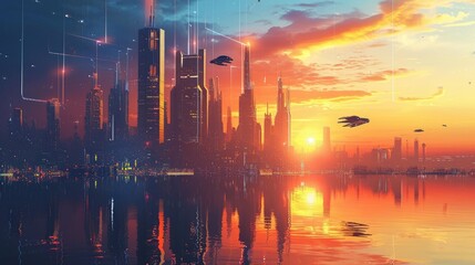 Wall Mural - Futuristic city glows with soft hues, complemented by the sleek design of hovering vehicles above the vibrant skyline. Resplendent.