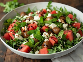 A bowl of salad with watermelon, olives, and feta cheese. The salad is topped with a balsamic vinaigrette dressing