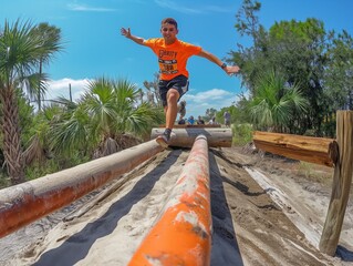 Sticker - A boy in an orange shirt is running through a course with obstacles. The obstacles include a log and a pole