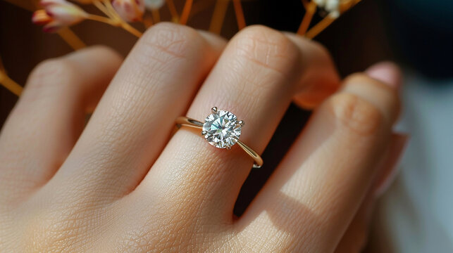 Elegant gold engagement ring on female hand close-up