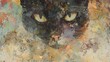 A painting, it shows a close-up of a cat's face with the angry, aggressive look of a predator. Illustration for cover, card, postcard, interior design, poster, brochure or presentation.