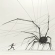 The black-and-white drawing shows a scary giant spider from which a man is running away. The spider is large and menacing, while the man is small and vulnerable. The scene is tense and disturbing.