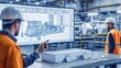© Login - Workers stand in front of an interactive display with a presentation of a drawing of production equipment. Technological process under the control and management of high technology in the workshop.