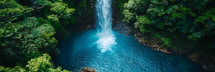 Aerial closeup view of natural turquoise pool of Celeste Waterfall, Costa Rica realistic nature and landscape