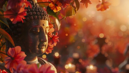 Wall Mural - Buddha Statue Surrounded by Flowers and Candles