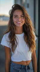 Wall Mural - A young woman in jeans and white top smiling.