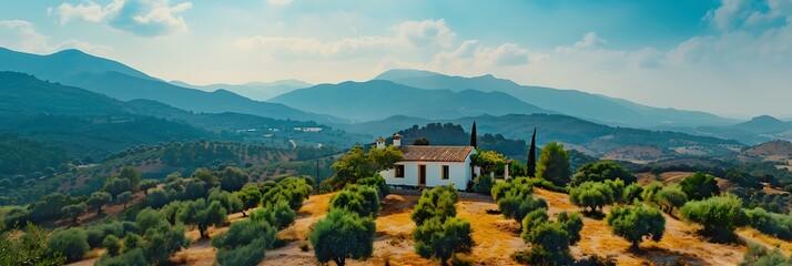 Wall Mural - Aerial drone top view from above to countryside summer landscape with white semi-detached cottage house among green olive trees garden on mountains, blue sky environment background