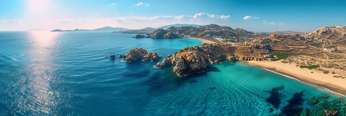 Wall Mural - Aerial drone ultra wide photo of famous celebrity beach of Psarou in island of Mykonos, Cyclades, Greece realistic nature and landscape