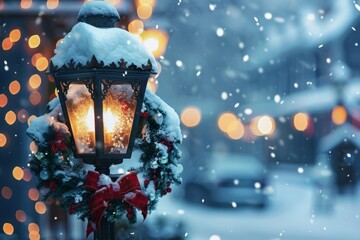 A closeup of a vintage street lamp covered in snow, with a festive wreath hanging from it