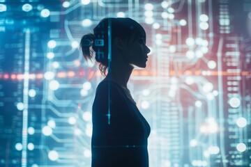 Poster - A woman stands tall in silhouette against a glowing digital backdrop in a dramatic low-angle shot