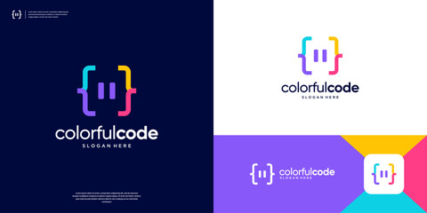 Sticker - Colorful coding logo with pause symbol logo design.