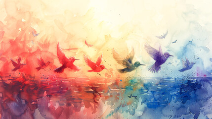 Wall Mural - Freedom in flight: colorful watercolor birds in the sky