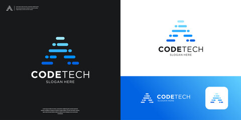 Letter A tech logo icon app. Futuristic code programer logo design.