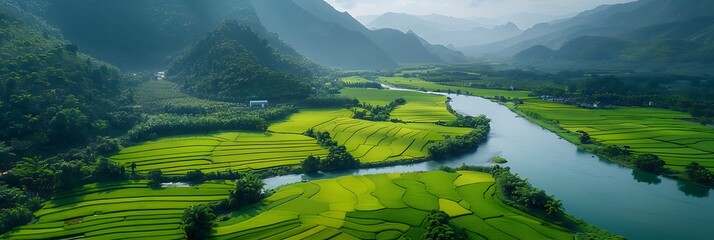 Wall Mural - Aerial landscape in Phong Nam valley, an extreme scenery landscape at Cao bang province, Vietnam with river, nature, green rice fields, Travel and landscape concept realistic nature and landscape