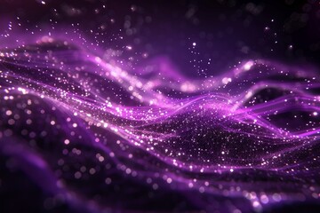 Poster - Vibrant purple digital particles wave with shining dots resembling stars on a black backdrop