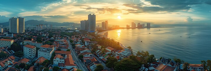 Wall Mural - Aerial panorama cityscape of Georgetown, the capital city of Penang state Malaysia popular tourism destination realistic nature and landscape