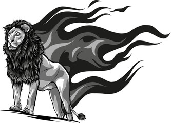 Sticker - vector illustration of monochrome lionhead with flames