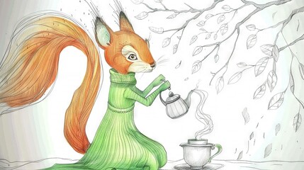 Canvas Print -   A drawing of a fox wearing a green dress while holding a tea pot and kettle against a snowy backdrop