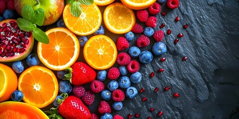 Wall Mural - Top view of vibrant organic fruits and vegetables ideal for design. Concept Food Styling, Vibrant Colors, Top View Photography, Organic Produce, Design Inspiration