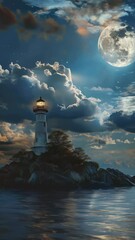 Wall Mural - a lighthouse is lit up in the dark sky with a full moon in the background