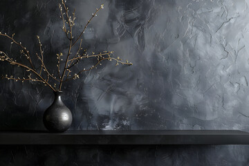 Wall Mural - Black shelf or table with a ceramic vase and plant branches against a textured dark marmor wall. Minimalist interior home or office design mockup concept with decoration and copy space.