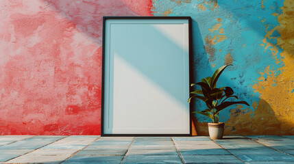 Wall Mural - Empty poster frame leaning against colorful wall
