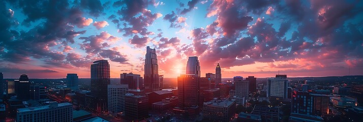 Wall Mural - aerial shot of skyscrapers, office buildings and hotels in the city skyline with clouds at sunset and cars on the street in Nashville Tennessee USA realistic nature and landscape